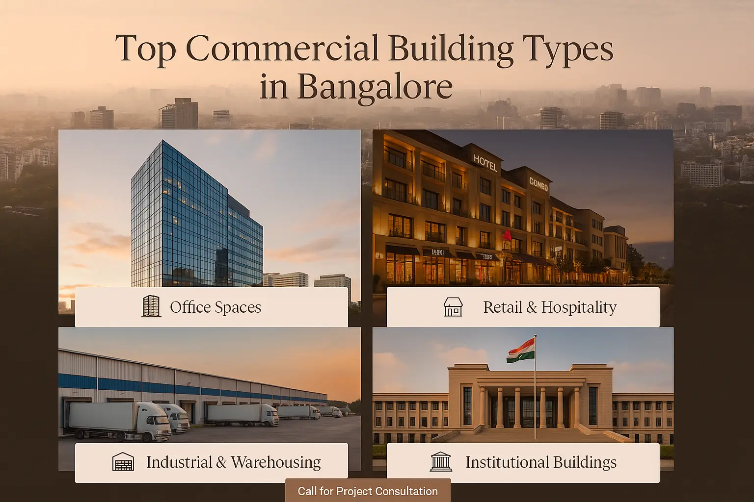 Types of commercial buildings Bangalore – office spaces, retail and hospitality, industrial warehousing, and institutional buildings