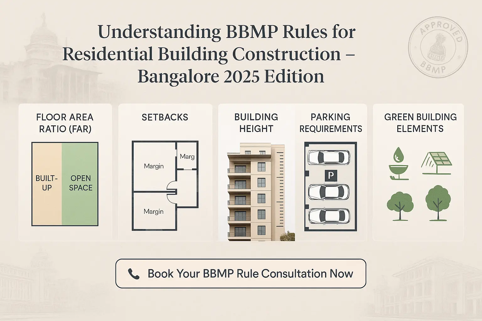 Infographic showing BBMP residential building rules Bangalore 2025 – Floor Area Ratio (FAR), setbacks, building height, parking requirements, and green building elements for home construction.