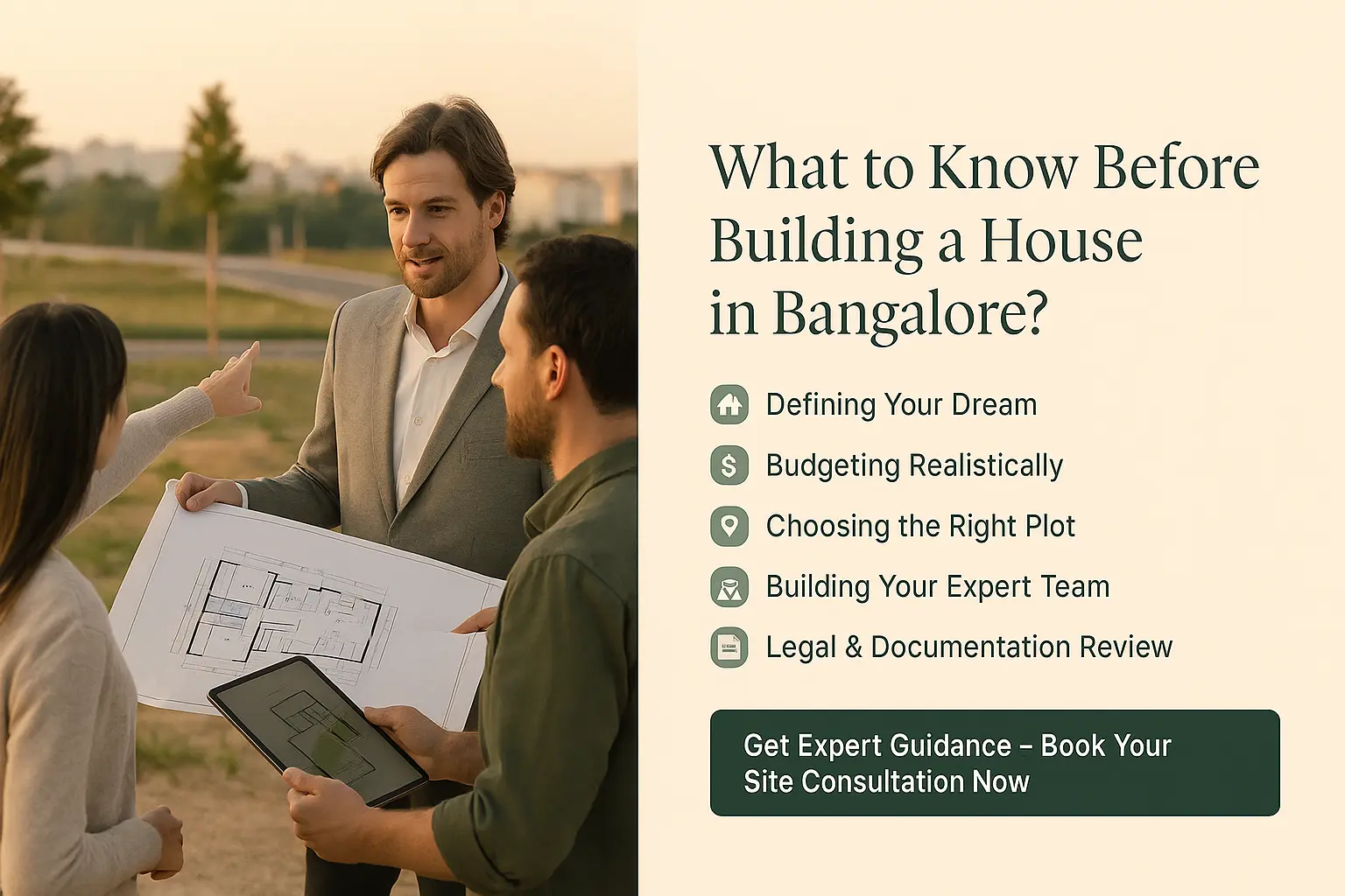 Architect discussing house plans with couple on-site in Bangalore with checklist of what to know before building a house including budgeting, legal review, plot selection, and KM Infra consultation call to action.