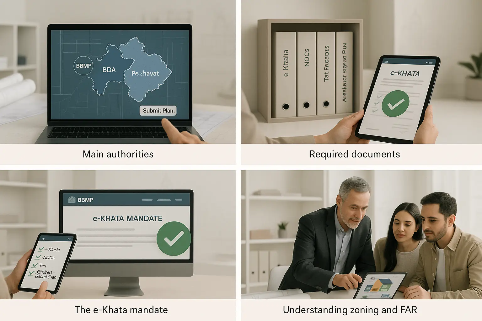 How to get house plan approved in Bangalore — BBMP BDA Panchayat authorities, e-Khata mandate, zoning, FAR rules, and required building documents explained visually