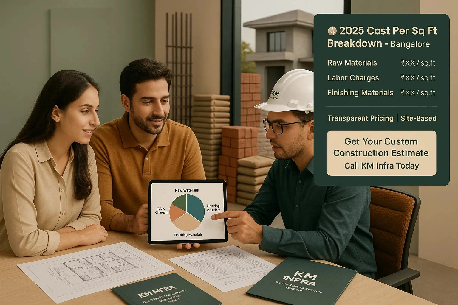 Couple consulting KM Infra engineer on 2025 house construction cost per square foot in Bangalore, with cost breakdown of raw materials, labor, and finishing materials.