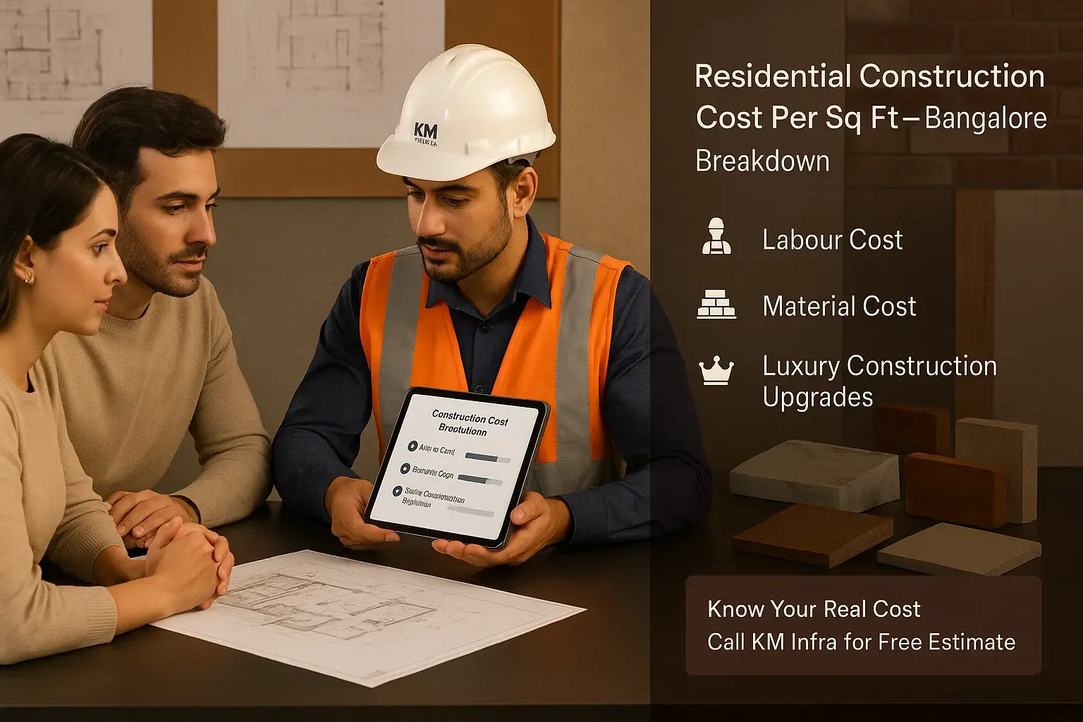 KM Infra engineer explaining residential construction cost per sq ft in Bangalore to clients, highlighting labour, material, and luxury upgrade costs using a digital tablet and material samples