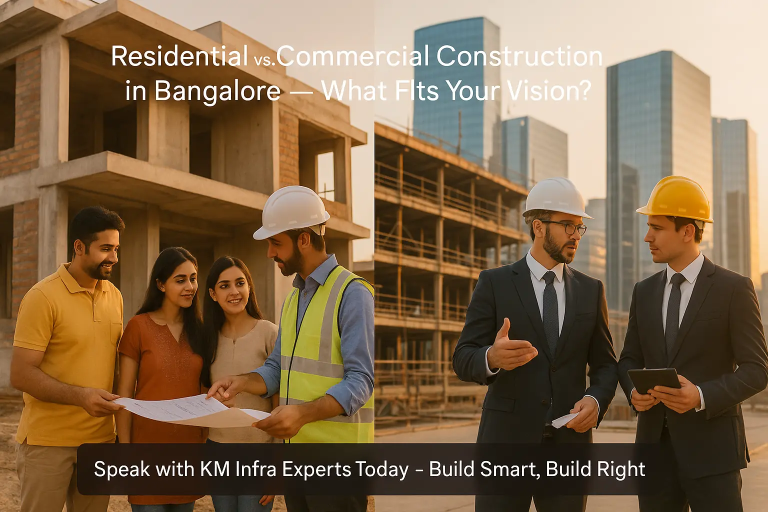 Residential vs. Commercial Construction in Bangalore – KM Infra experts guiding homeowners and business owners with project planning